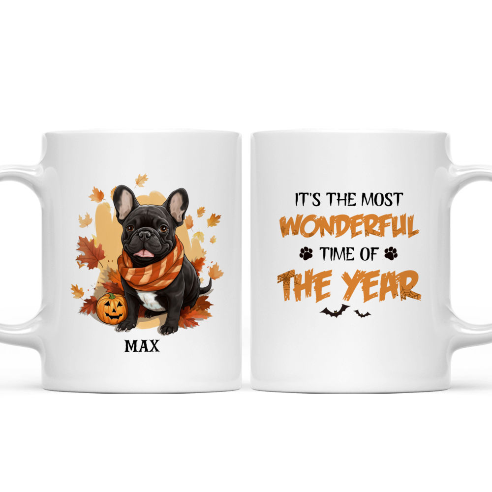 Personalized Mug - Halloween Dog Mug - Smiling French Bulldog with Autumn Scarf in Fall Leaves and Pumpkins_3