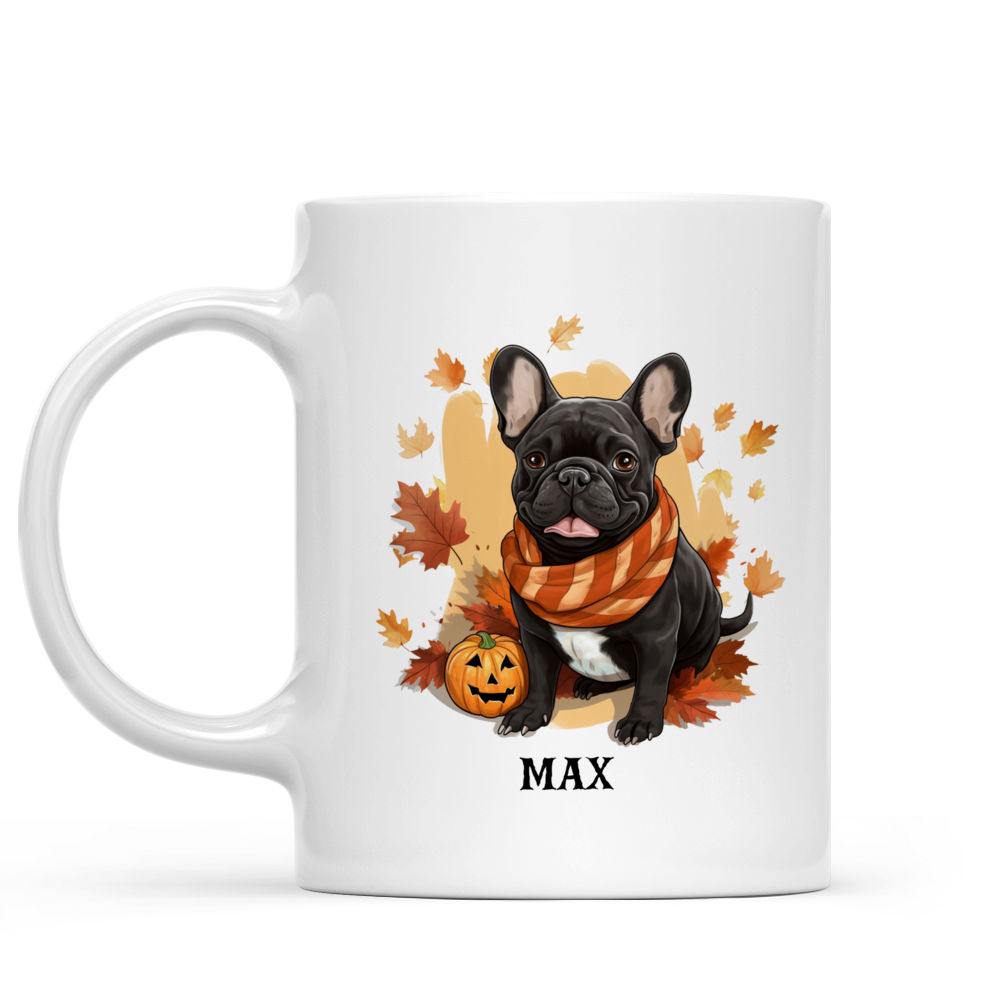 Personalized Mug - Halloween Dog Mug - Smiling French Bulldog with Autumn Scarf in Fall Leaves and Pumpkins_1