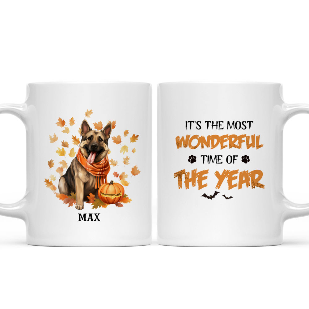 Personalized Mug - Halloween Dog Mug - Smiling German Shepherd Dog with Autumn Scarf in Fall Leaves and Pumpkins_3