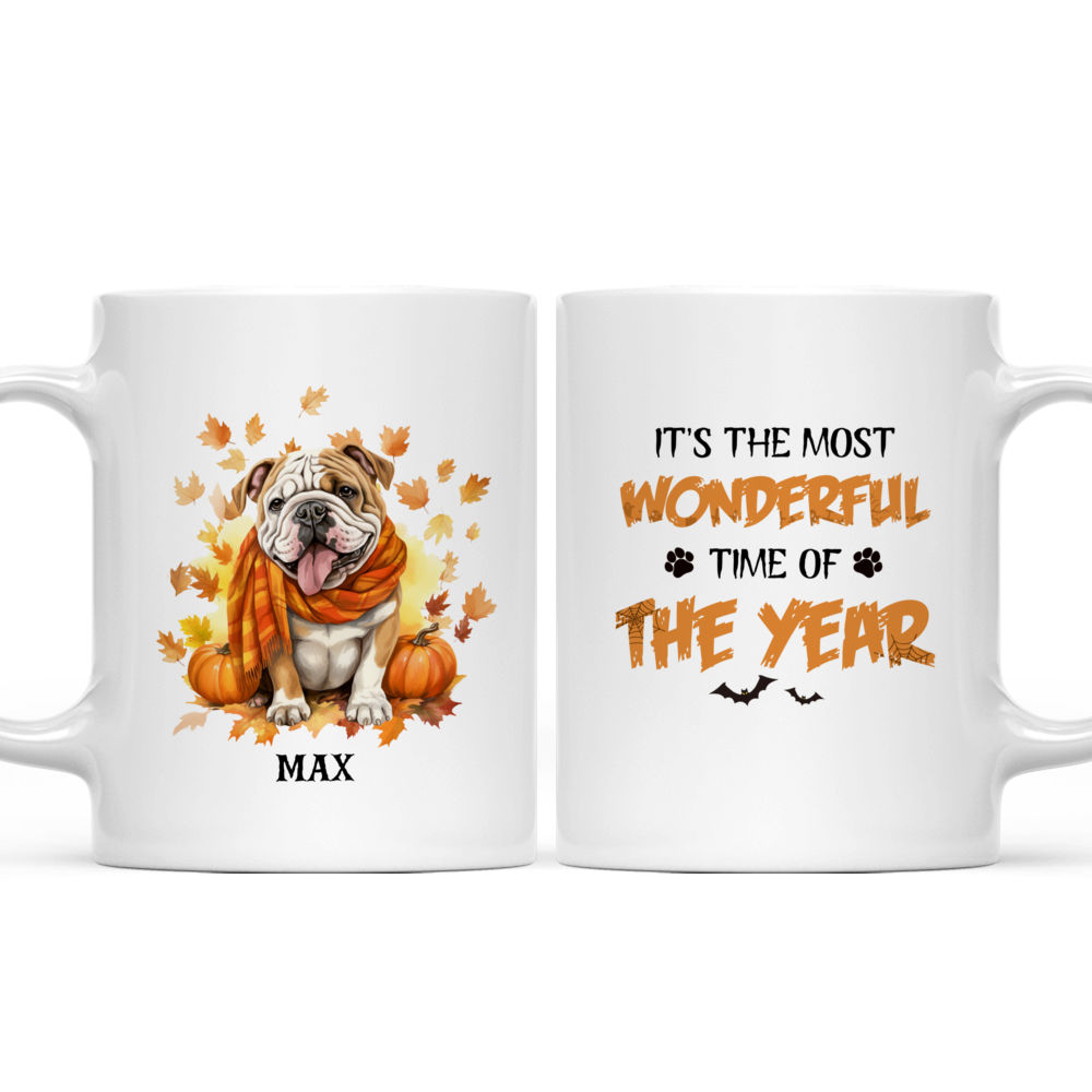 Halloween Dog Mug - Smiling Bulldog with Autumn Scarf in Fall Leaves and Pumpkins - Mug_3