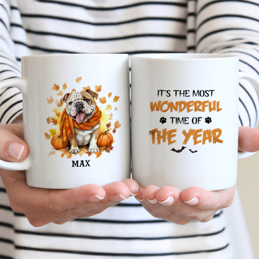 Halloween Dog Mug - Smiling Bulldog with Autumn Scarf in Fall Leaves and Pumpkins - Mug