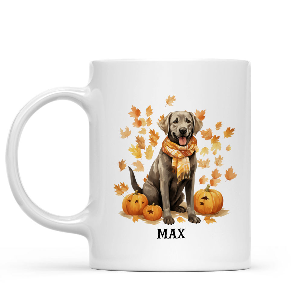 Halloween Dog Mug - Smiling Labrador Retriever Dog with Autumn Scarf in Fall Leaves and Pumpkins - Mug_1