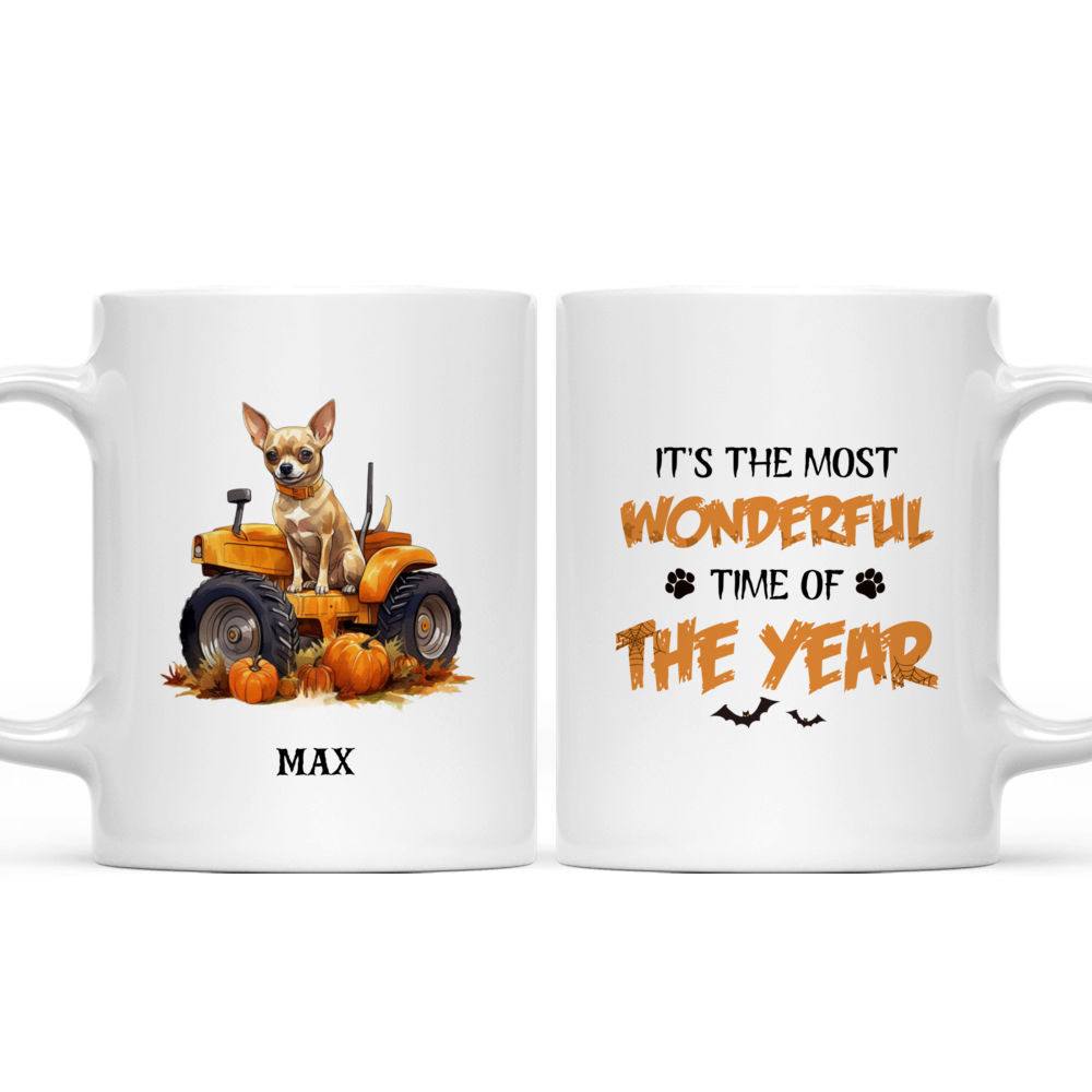 Halloween Dog Mug - Halloween Chihuahua Dog Mug Unreal Side View Sitting with Tractors on Farm - Mug_3