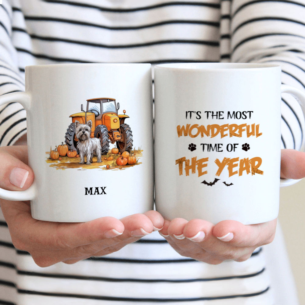 Halloween Dog Mug - Halloween Yorkshire Terrier Dog Mug Unreal Side View Sitting with Tractors on Farm - Mug