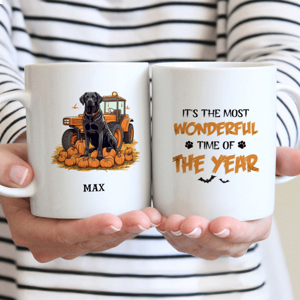 Halloween Dog Mug - Halloween Labrador Retriever Dog Mug Unreal Side View Sitting with Tractors on Farm - Mug