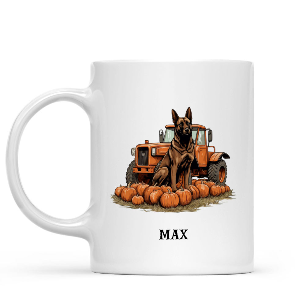 Halloween Dog Mug - Halloween German Shepherd Dog Mug Unreal Side View Sitting with Tractors on Farm - Mug_1