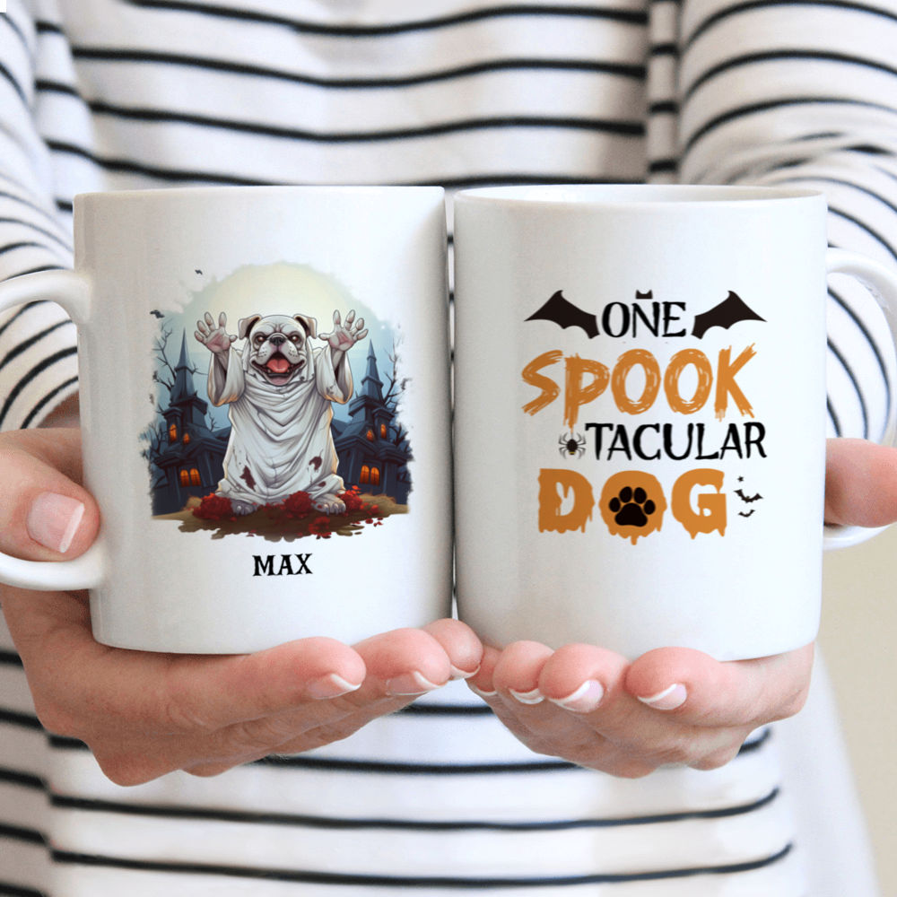 Halloween Dog Mug - Bulldog Wearing Halloween Ghost Costume Flat Art - Mug