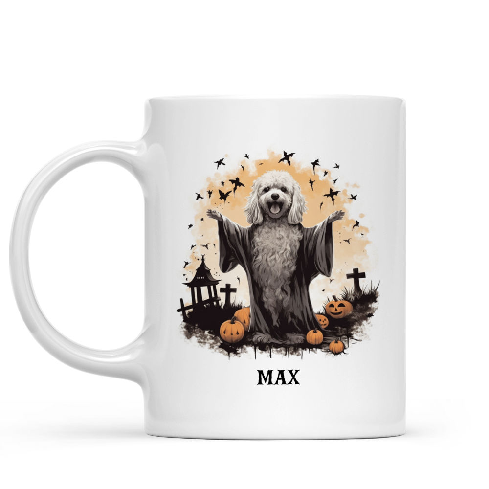 Halloween Dog Mug - Poodle Dog Wearing Halloween Ghost Costume Flat Art - Mug_1