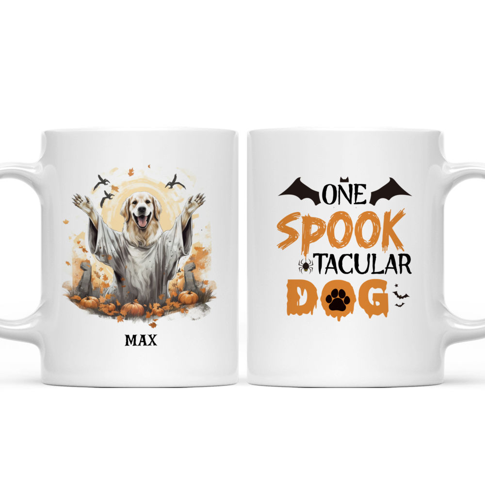 Personalized Mug - Halloween Dog Mug - Golden Retriever Dog Wearing Halloween Ghost Costume Flat Art_3