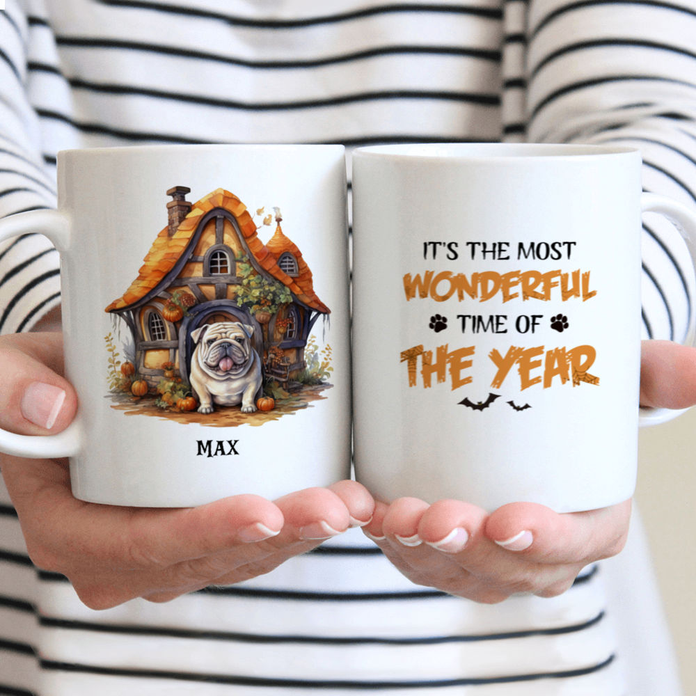 Halloween Dog Mug - Watercolor Bulldog in a Gnome's House - Mug