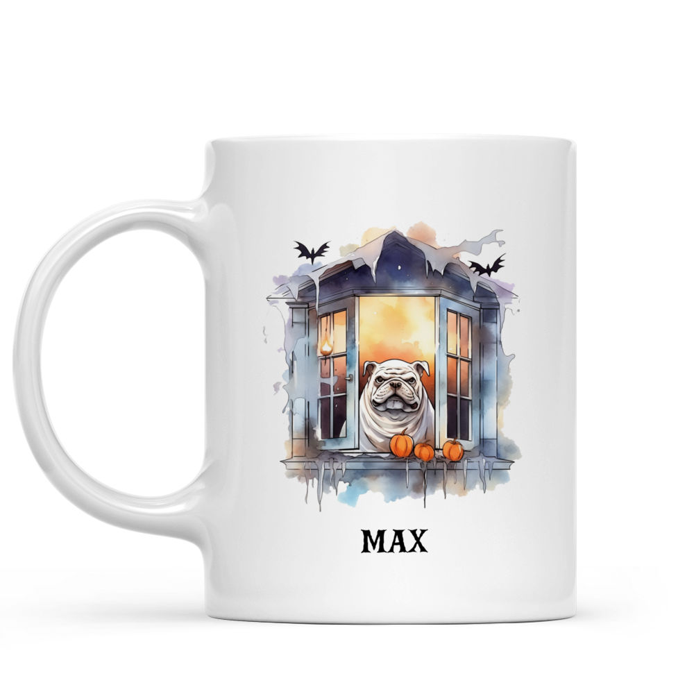 Halloween Dog Mug - Bulldog Ghost Dog at Halloween Window - Mug_1