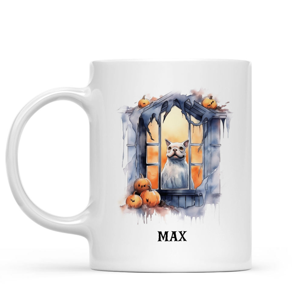 Halloween Dog Mug - French Bulldog Ghost Dog at Halloween Window - Mug_1