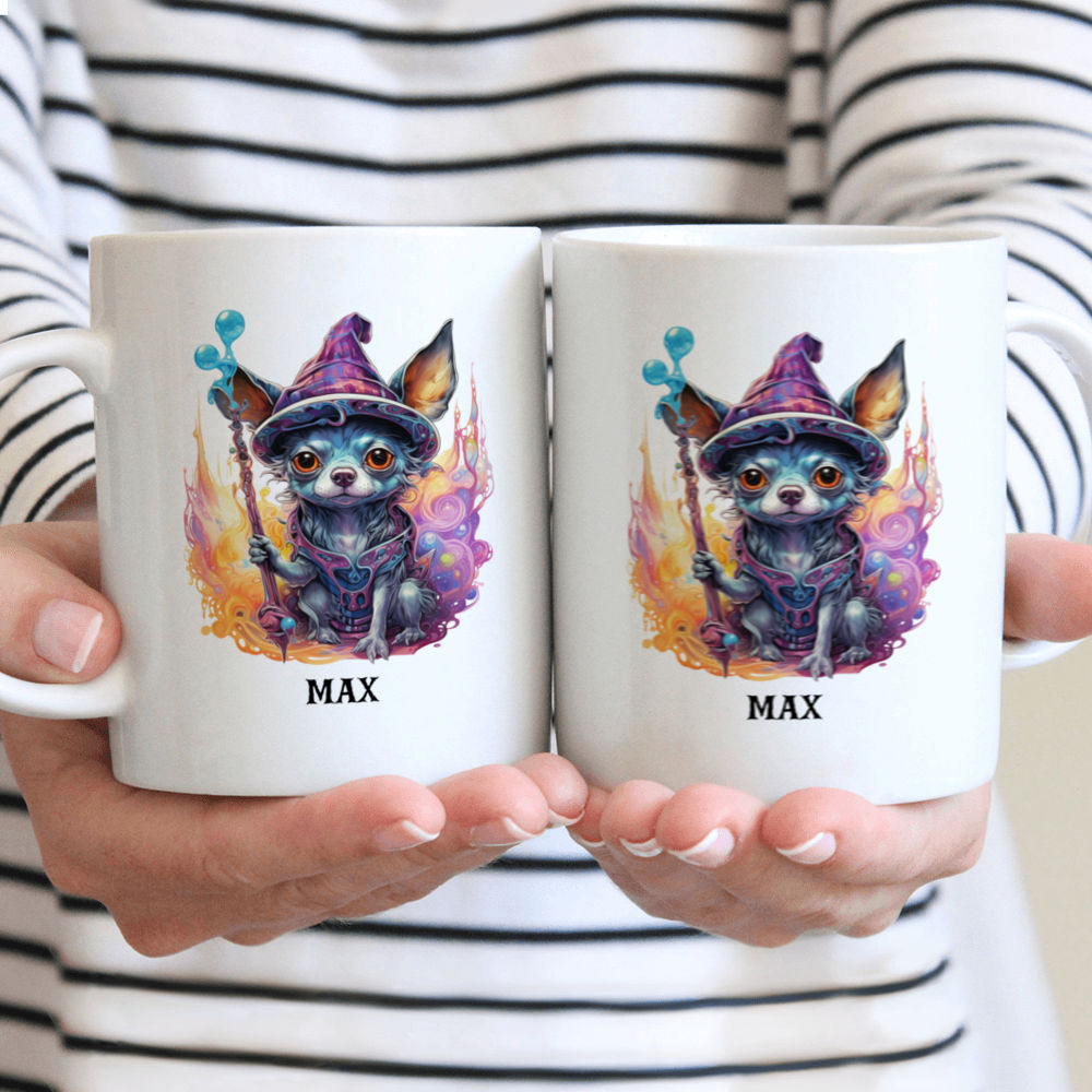 Halloween Dog Mug - Chihuahua Witch holding Magic Wand Psychedelic Style - Mug