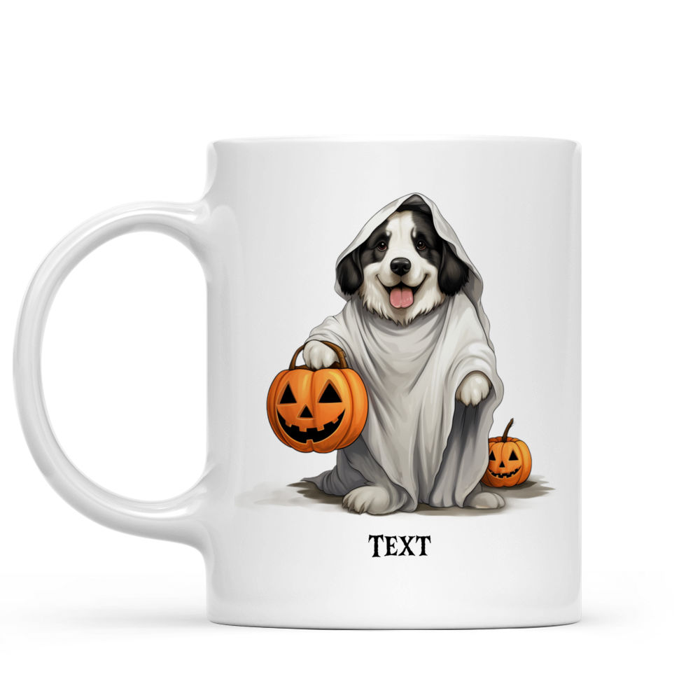 Personalized Mug - Halloween Dog Mug - Cute Bernese Mountain Dog in Halloween Ghost Costume with Pumpkin Basket_1