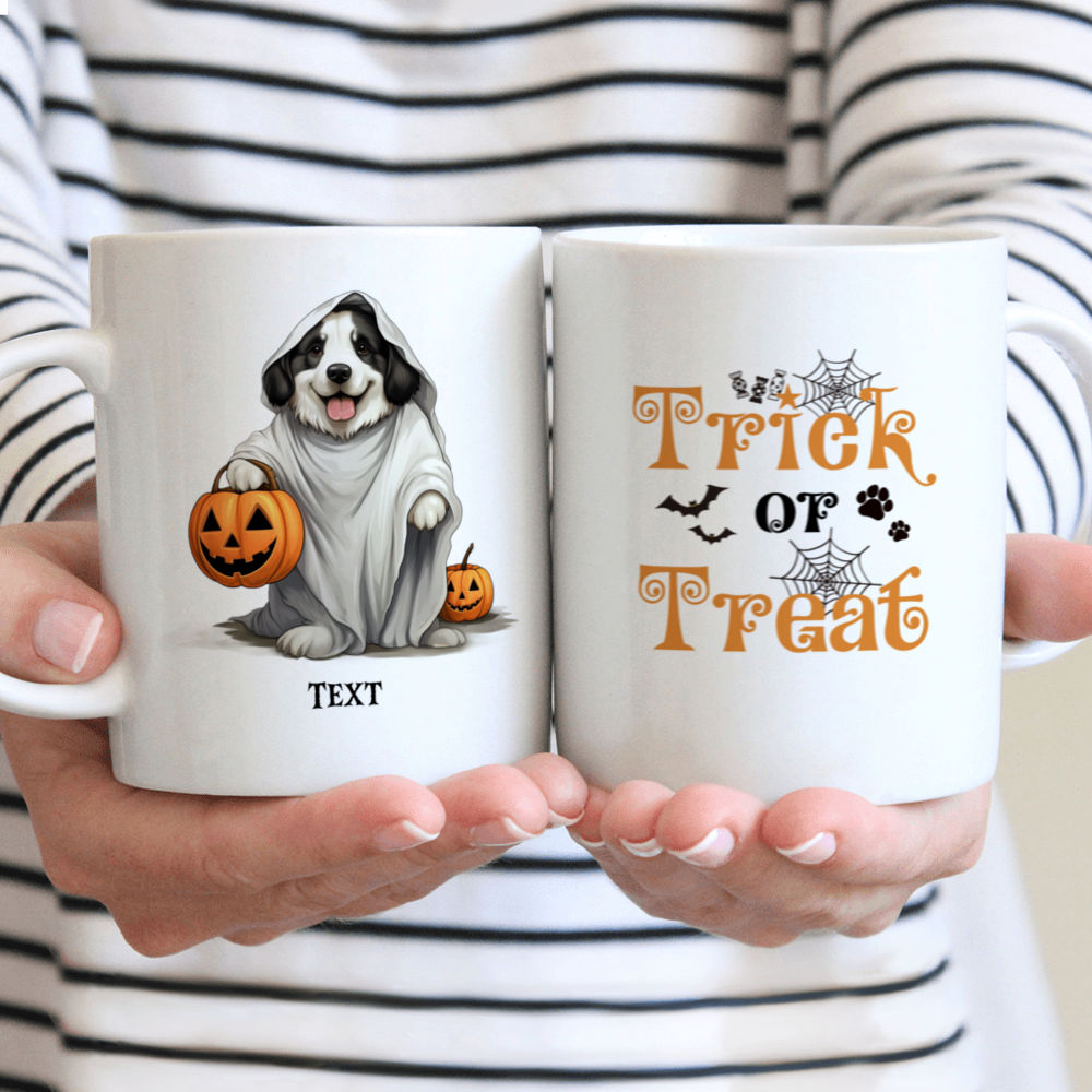 Personalized Mug - Halloween Dog Mug - Cute Bernese Mountain Dog in Halloween Ghost Costume with Pumpkin Basket