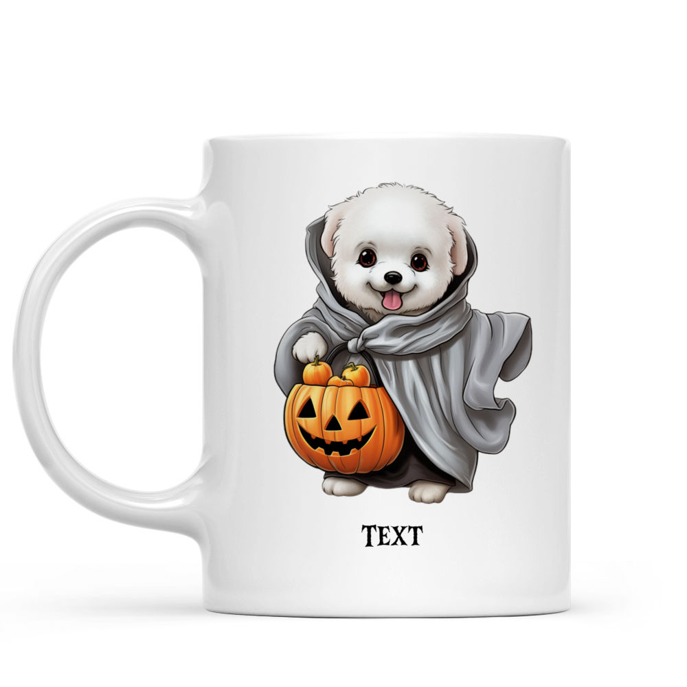 Halloween Dog Mug - Cute Bichon Frise Dog in Halloween Ghost Costume with Pumpkin Basket - Mug_1