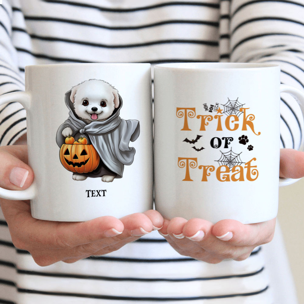 Halloween Dog Mug - Cute Bichon Frise Dog in Halloween Ghost Costume with Pumpkin Basket - Mug