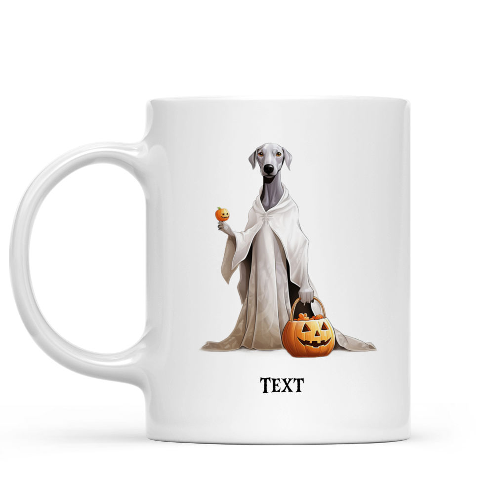 Halloween Dog Mug - Cute Doberman Pinscher Dog in Halloween Ghost Costume with Pumpkin Basket - Mug_1