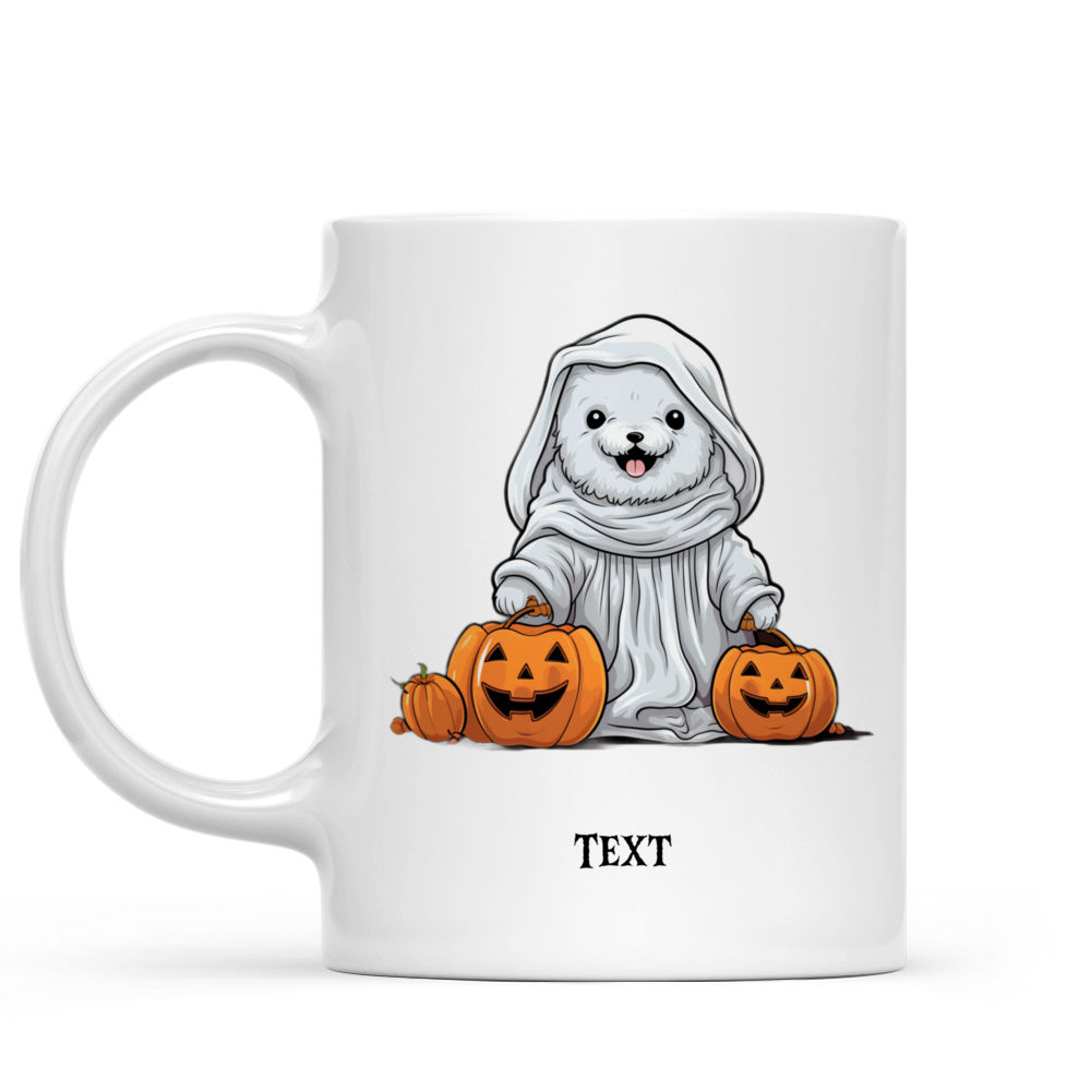 Halloween Dog Mug - Cute Bichon Frise Dog Halloween Ghost Costume Standing with Pumpkin Basket - Mug_1