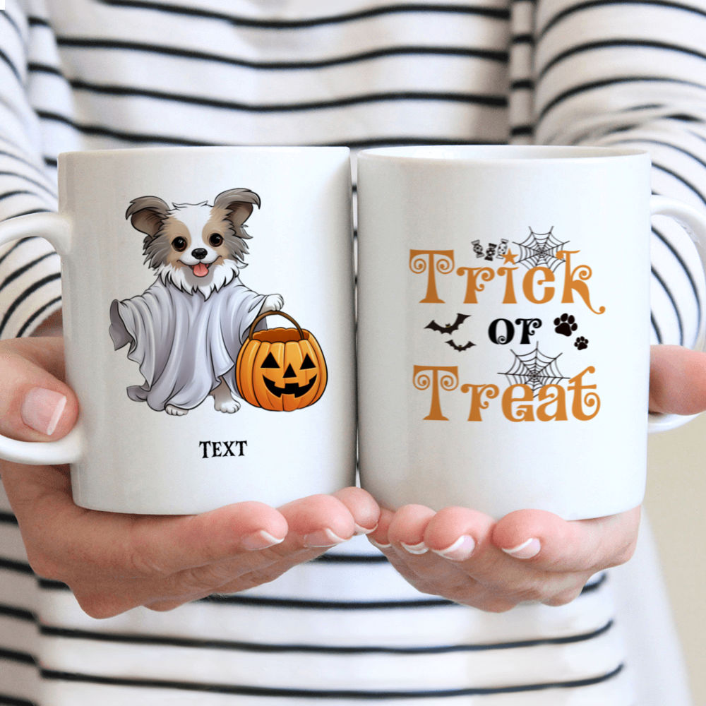 Halloween Dog Mug - Cute Papillon Dog in Halloween Ghost Costume with Pumpkin Basket - Mug