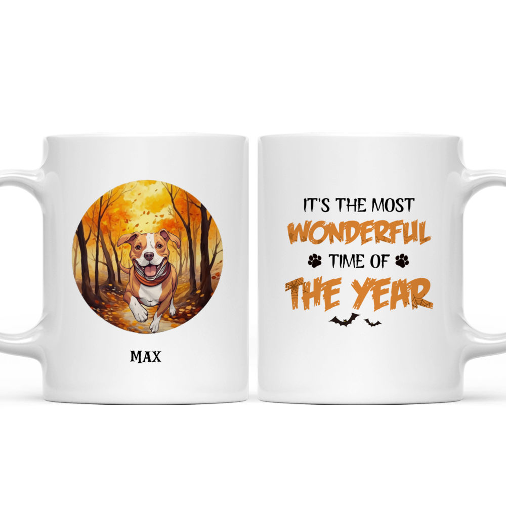 Personalized Mug - Halloween Dog Mug - Cute Pitbull Dog Running Autumn Forest Mug_3