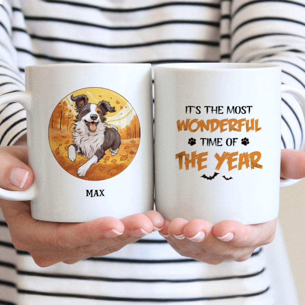 Personalized Mug - Halloween Dog Mug - Cute Border Collie Dog Running Autumn Forest Mug