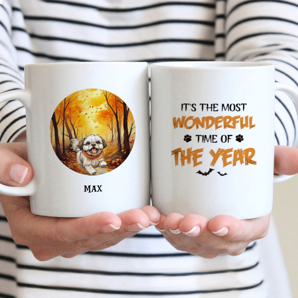 Halloween Dog Mug - Adorable Shih Tzu Dog Running in Autumn Forest - Mug