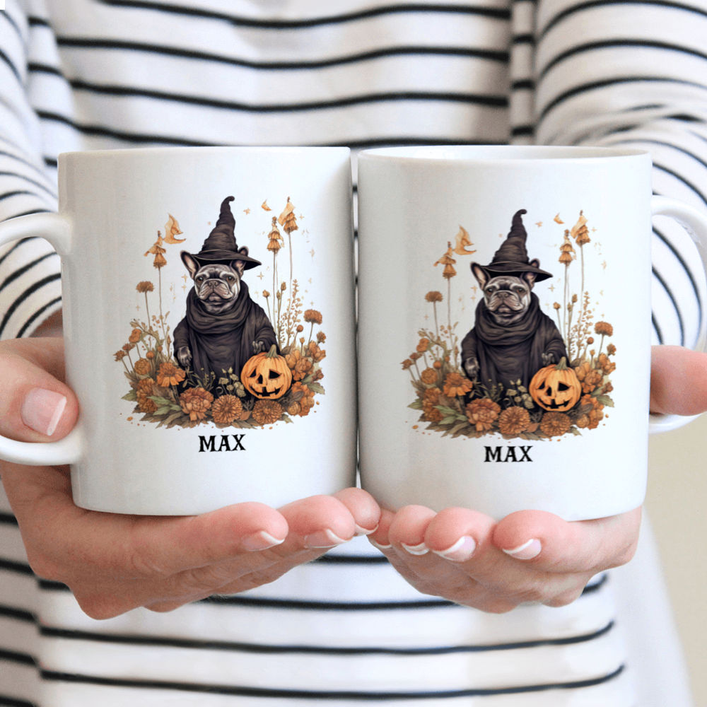 Halloween Dog Mug - Witch French Bulldog with Wildflowers Folklore Style - Mug