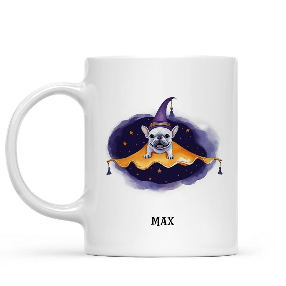 Personalized Mug - Halloween Dog Mug - French Bulldog Witch flying on magic carpet_1