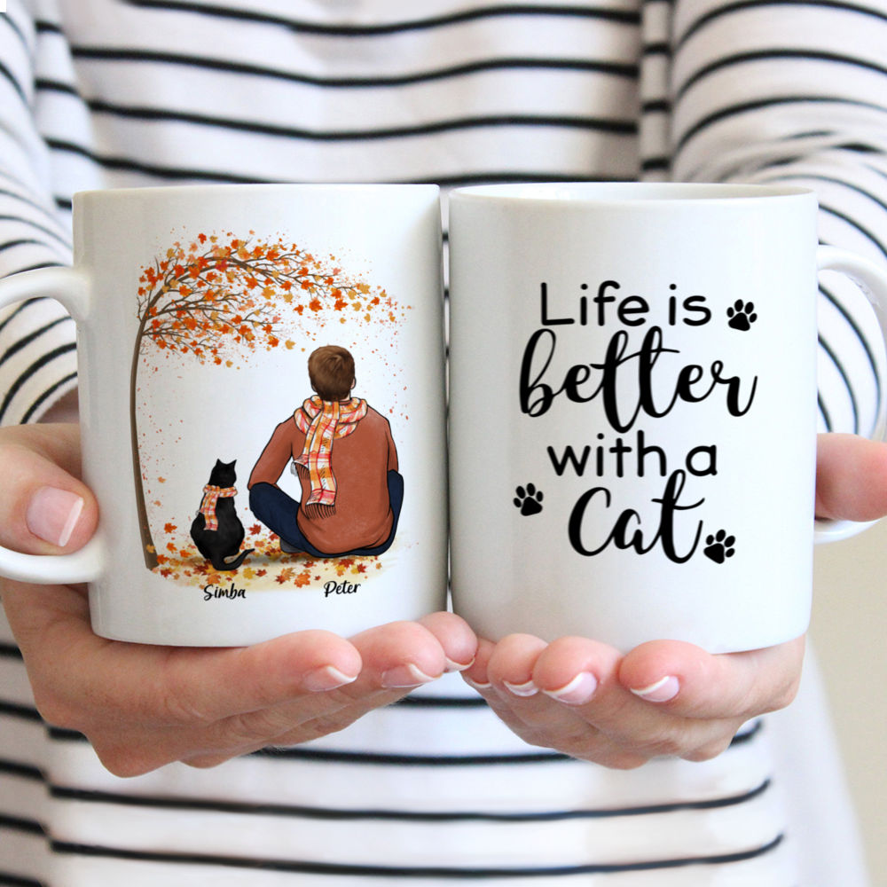 Personalized Mug - Man and Cats - Autumn - Life Is Better With A Cat