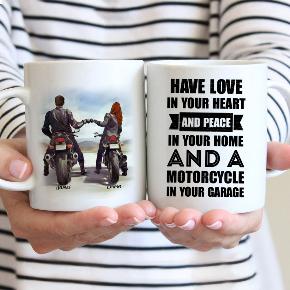 Personalized Mug - Biker Couple - Have love in your heart and peace in your home and a motorcycle in your garage - Valentine's Day Gifts, Couple Gifts