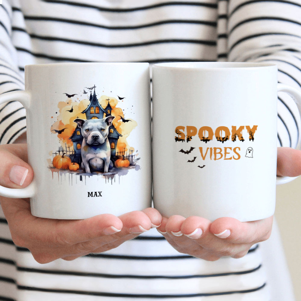 Halloween Dog Mug - Pitbull sitting near big Haunted house Watercolor - Mug