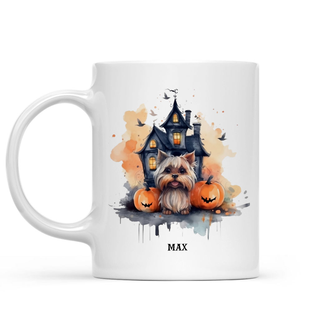 Halloween Dog Mug - Yorkshire Terrier sitting near big Haunted house Watercolor - Mug_1