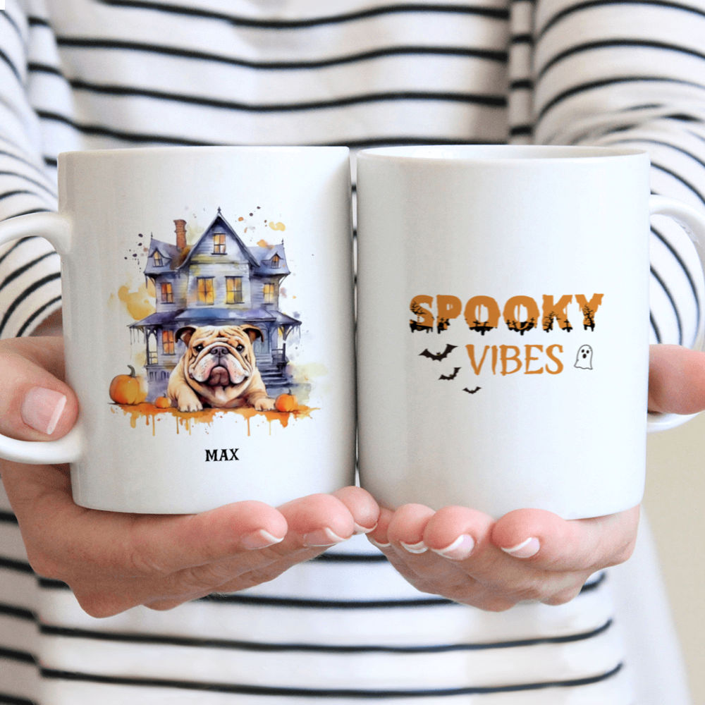 Halloween Dog Mug - Bulldog sitting near big Haunted house Watercolor - Mug