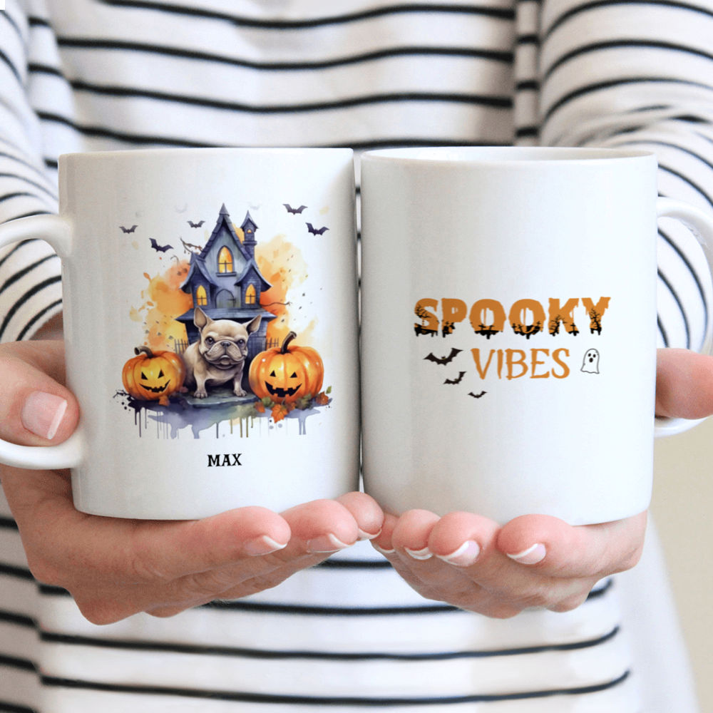 Halloween Dog Mug - French Bulldog sitting near big Haunted house Watercolor - Mug