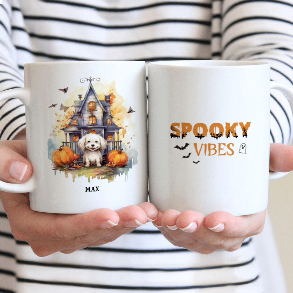 Halloween Dog Mug - Poodle sitting near big Haunted house Watercolor - Mug