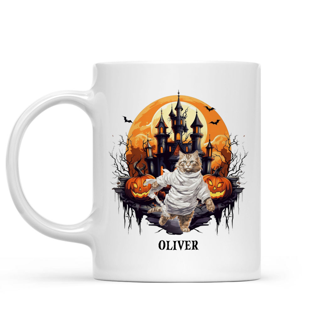 Halloween Cat Mug - Mummy Maine Coon Cat Running From Halloween Castle - Mug_1