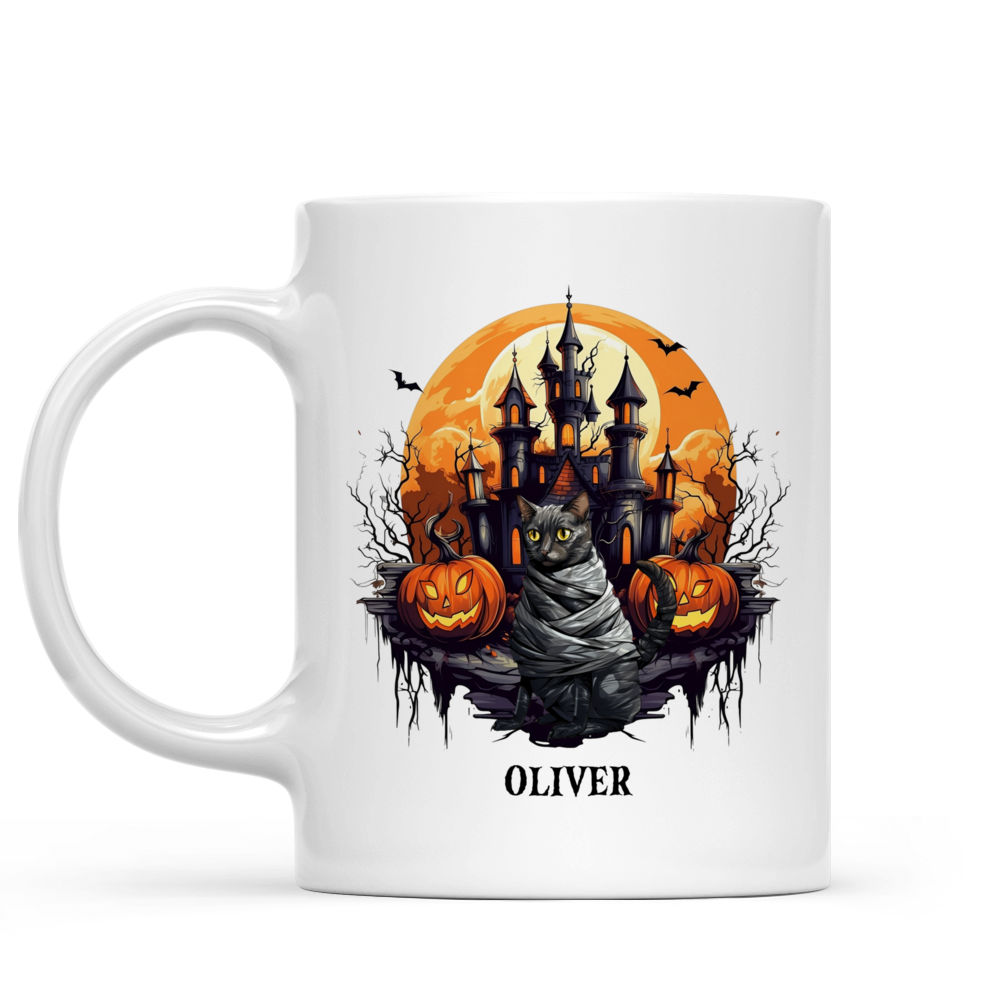 Halloween Cat Mug - Mummy Bombay Cat Running From Halloween Castle - Mug_1