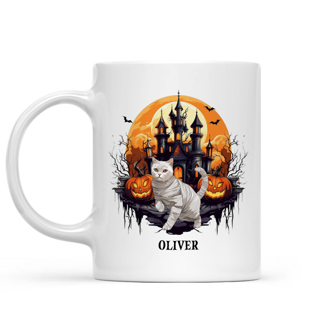 Halloween Cat Mug - Mummy British Shorthair Cat Running From Halloween Castle - Mug_1