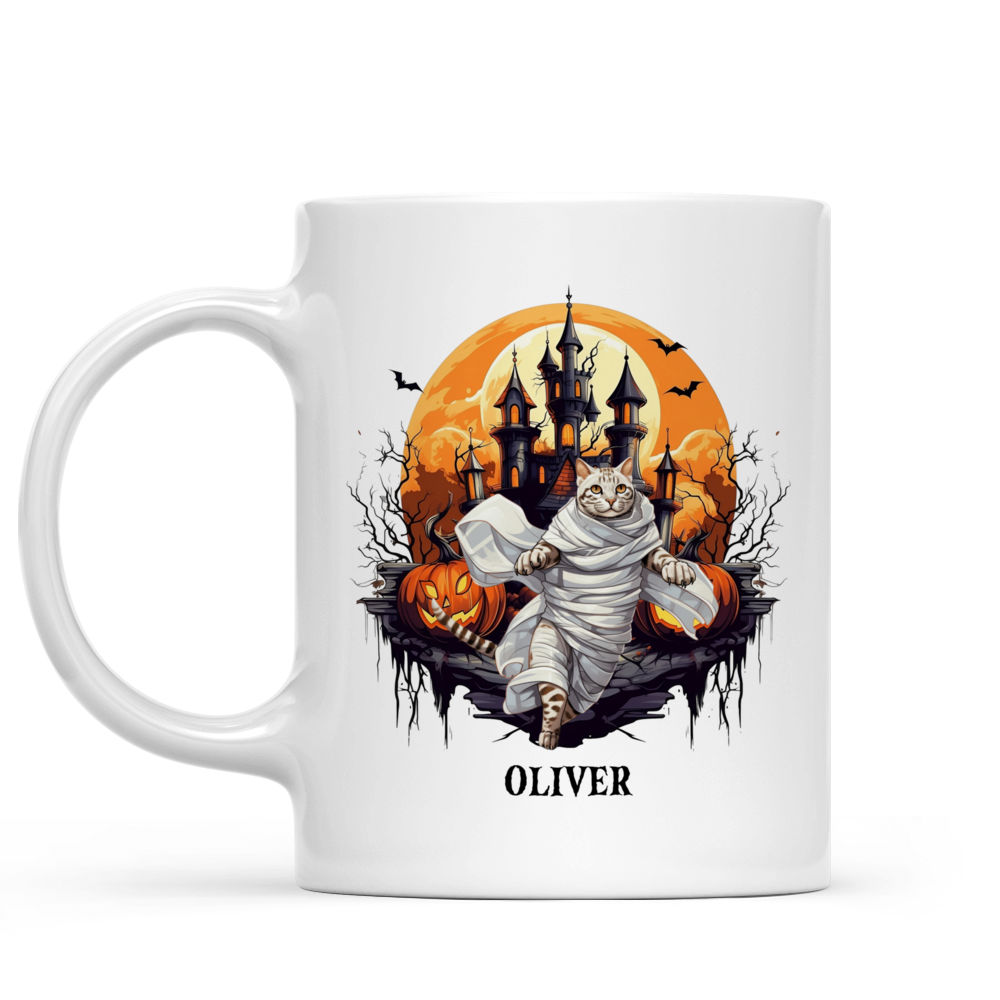 Halloween Cat Mug - Mummy American Shorthair Cat Running From Halloween Castle - Mug_1