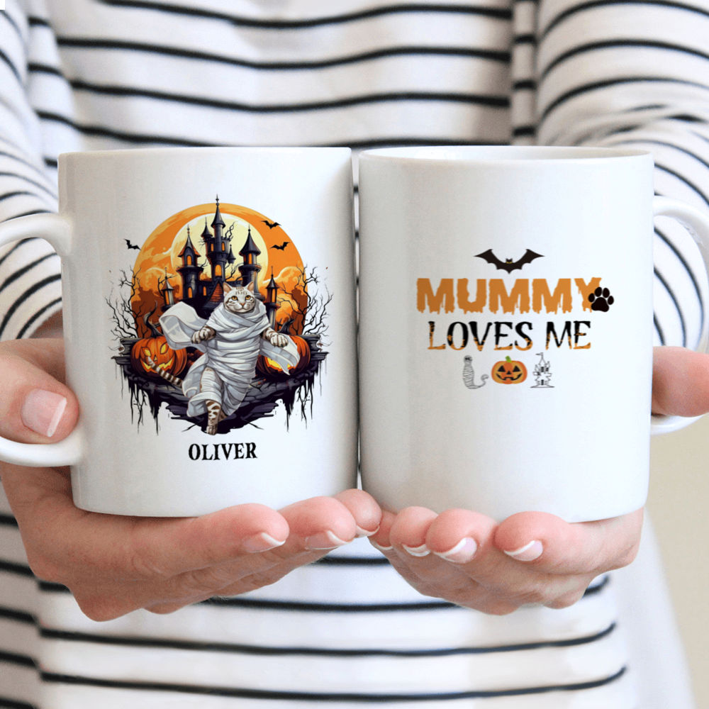 Halloween Cat Mug - Mummy American Shorthair Cat Running From Halloween Castle - Mug