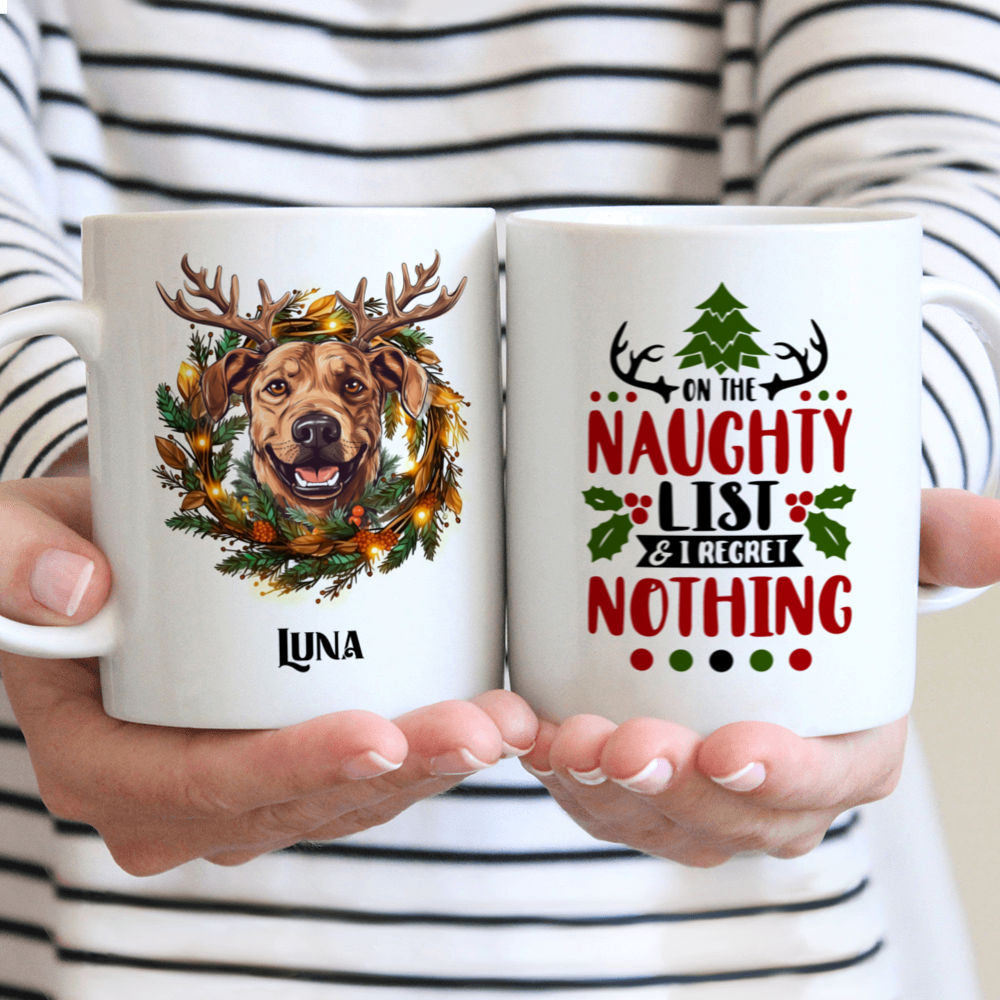 Personalized Mug - Christmas Dog Mug - Pitbull Dog with Reindeer Antlers Christmas Mug