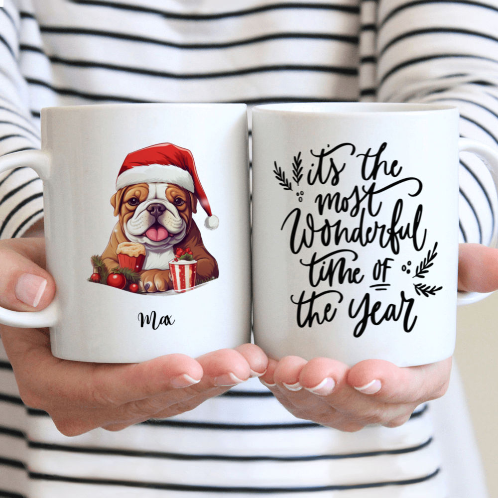 Christmas Dog Mug - Bulldog Peeking from Christmas Hot Chocolate Cups - Mug