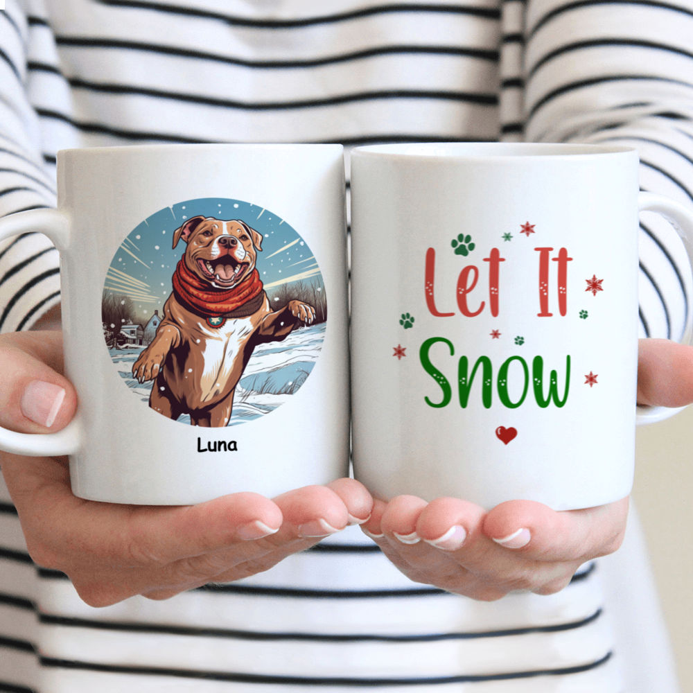 Personalized Mug - Christmas Dog Mug - Pitbull Dog with Santa Hat Catching Snow