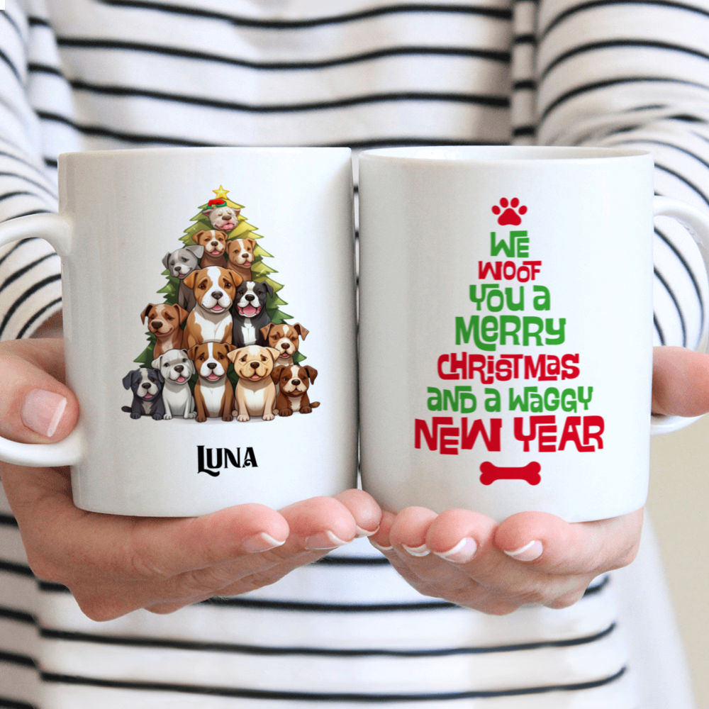 Personalized Mug - Christmas Dog Mug - Cute Pitbull Dogs Creating Christmas Tree Cartoon