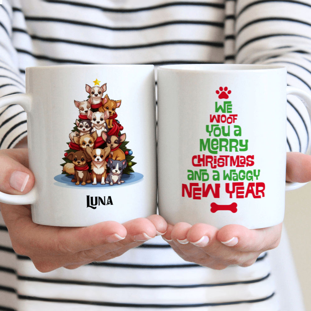 Christmas Dog Mug - Cute Chihuahua Dogs Creating Christmas Tree Cartoon - Mug