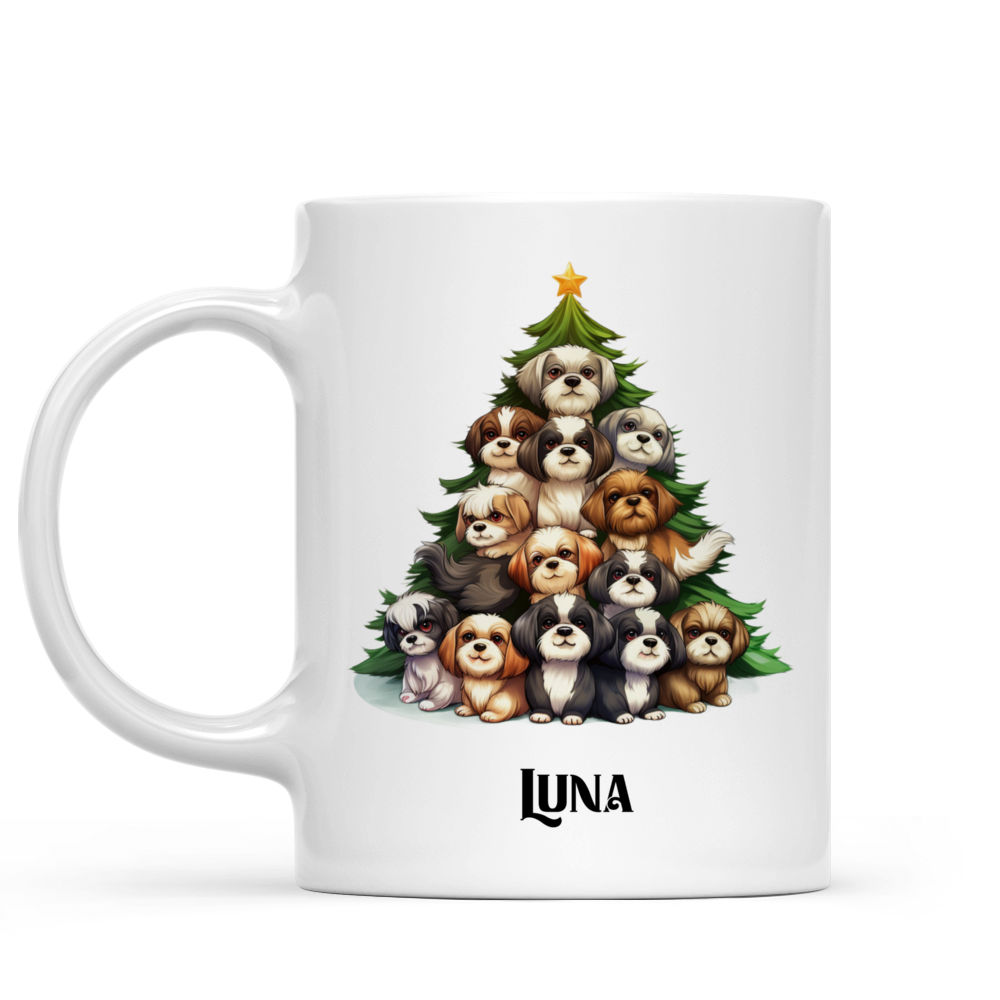 Personalized Mug - Christmas Dog Mug - Cute  Shih Tzu Dogs Creating Christmas Tree Cartoon_1