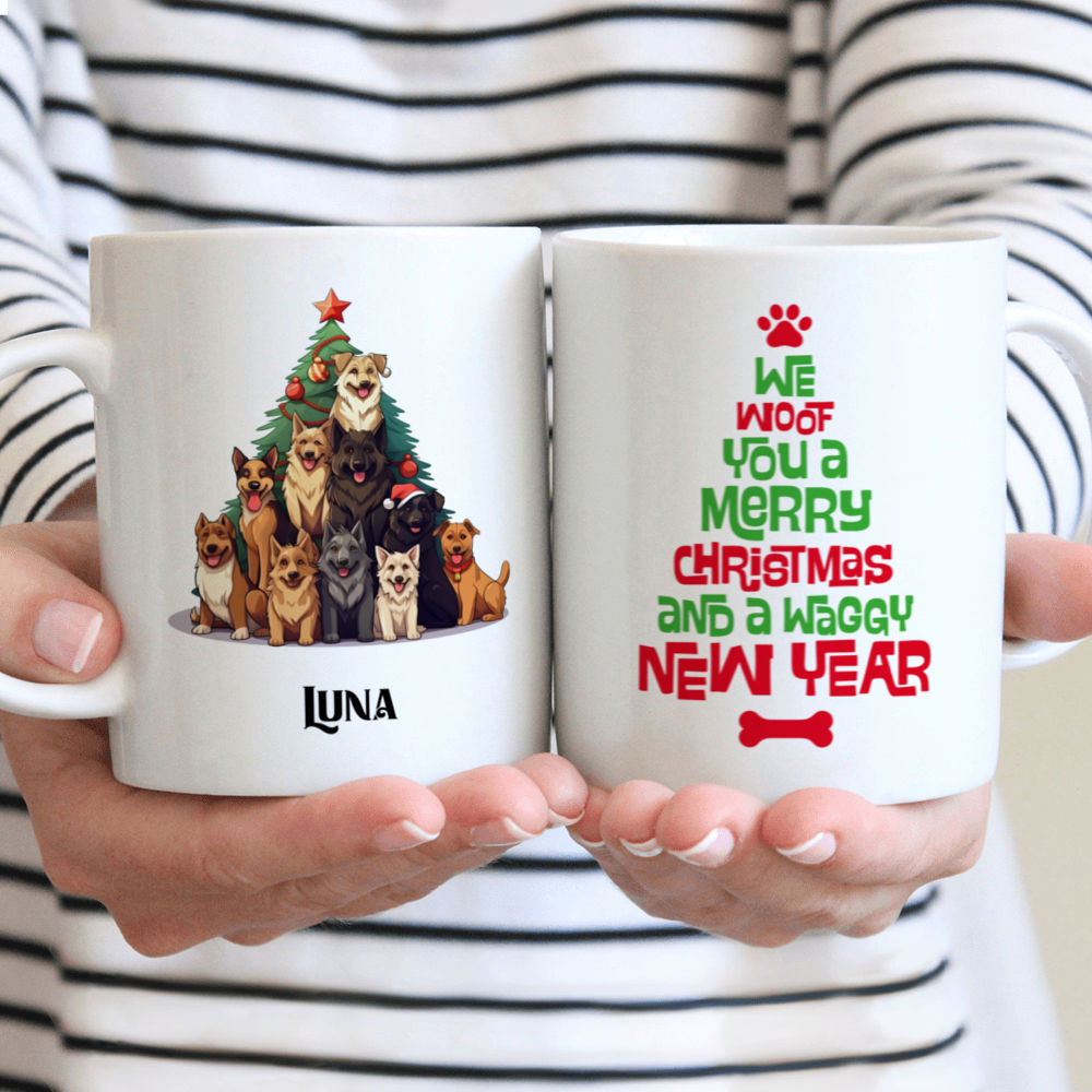 Christmas Dog Mug - Cute  German Shepherd Dogs Creating Christmas Tree Cartoon - Mug