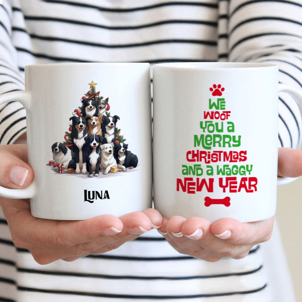 Christmas Dog Mug - Cute Border Collie Dogs Creating Christmas Tree Cartoon - Mug