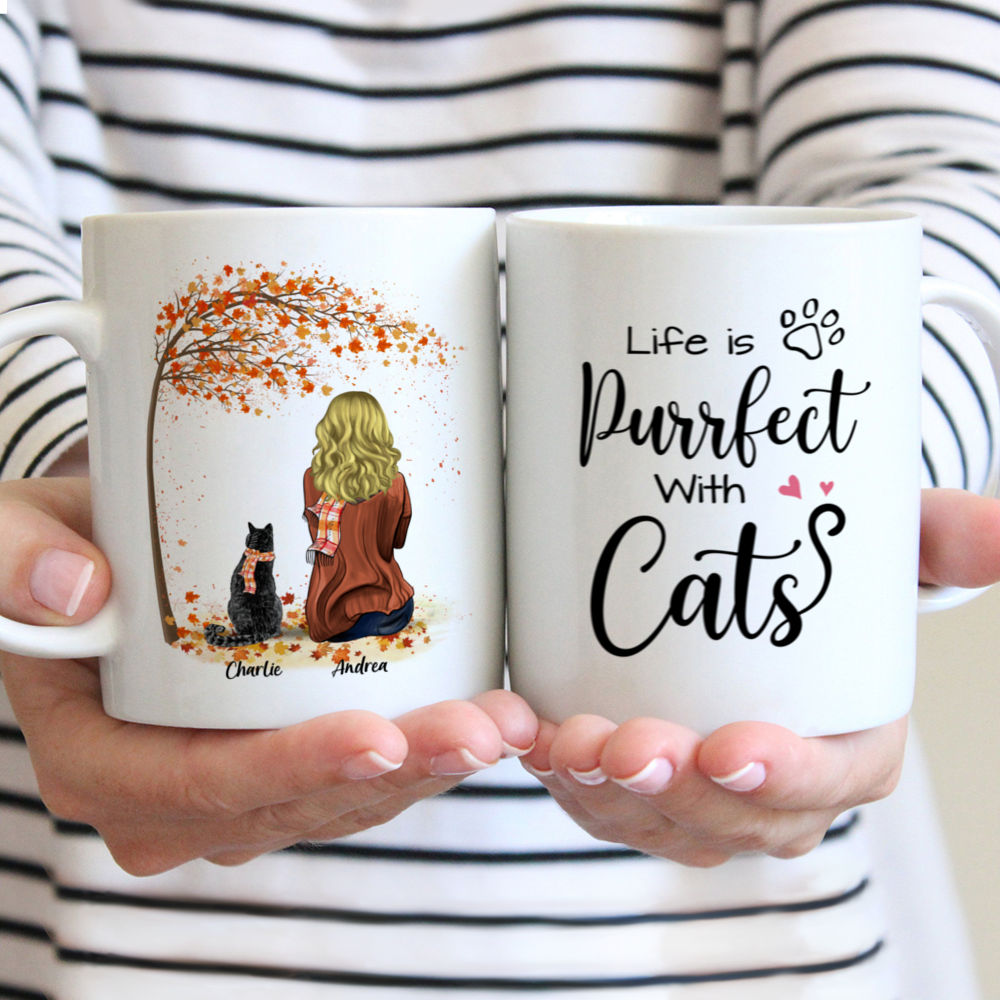 Girl and Cats Autumn - Life is purrfect with Cats - Personalized Mug